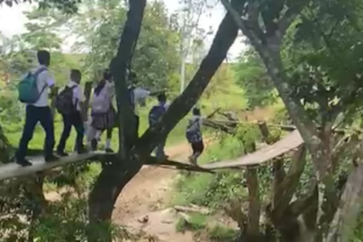 Niños arriesgan sus vidas al cruzar un puente de madera sobre la quebrada la Corcovada, en San Tropel, Cimitarra. La comunidad lleva años esperando una obra.
Suministrada/Vanguardia