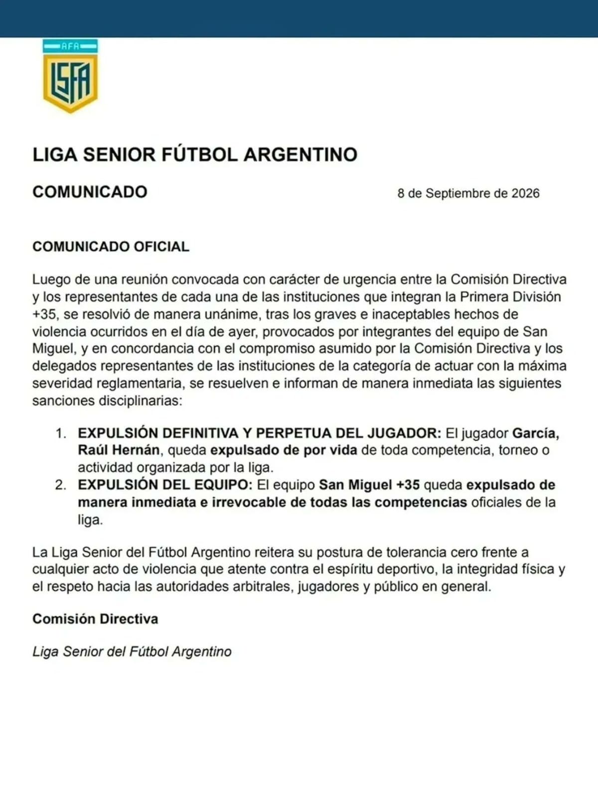 El jugador Raúl Hernán García no podrá volver a participar en ninguna actividad de la liga. Foto: X