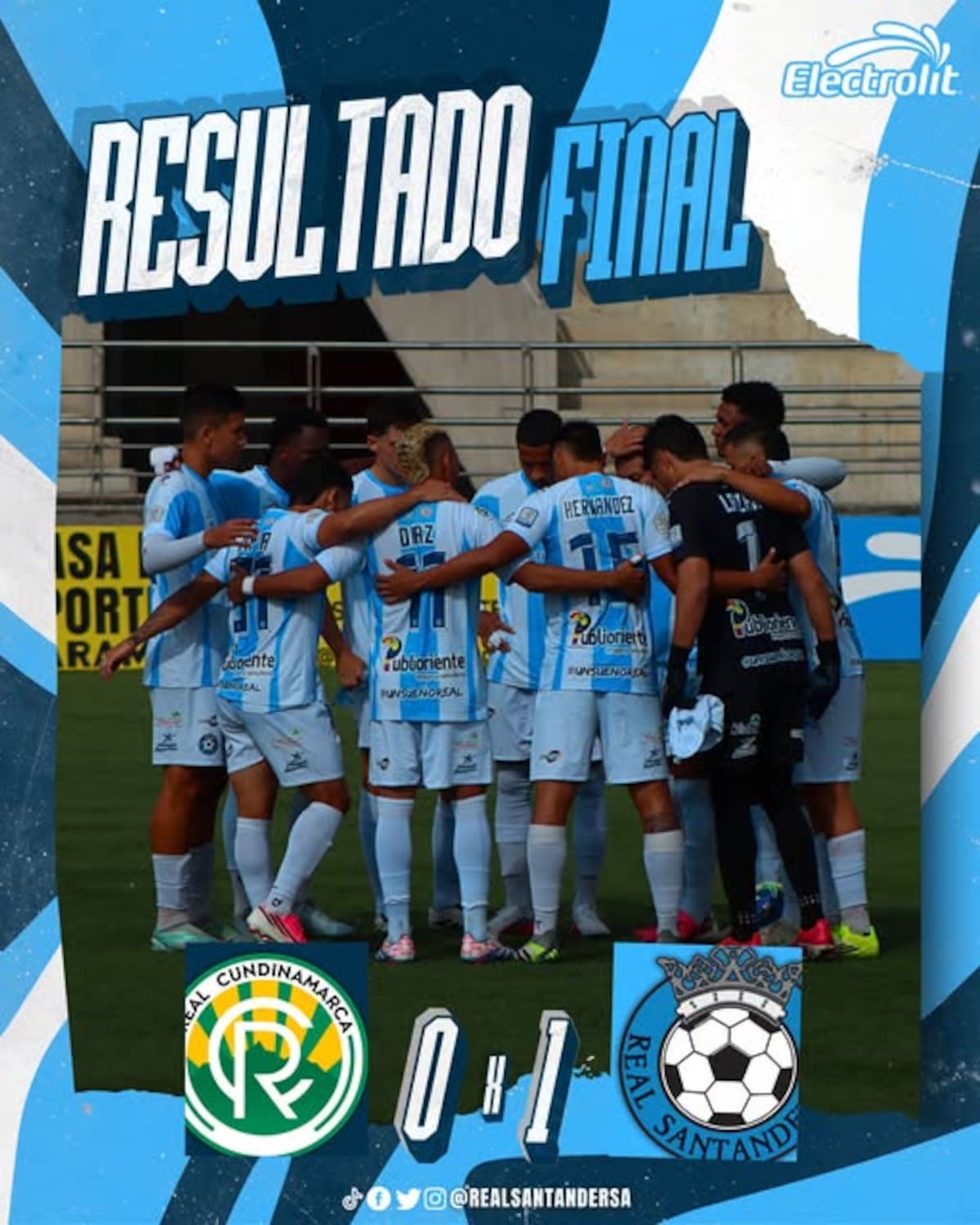Real Santander frenó la racha de Real Cundinamarca y se ilusiona con entrar a los ocho del Torneo BetPlay. Foto: Real Santander