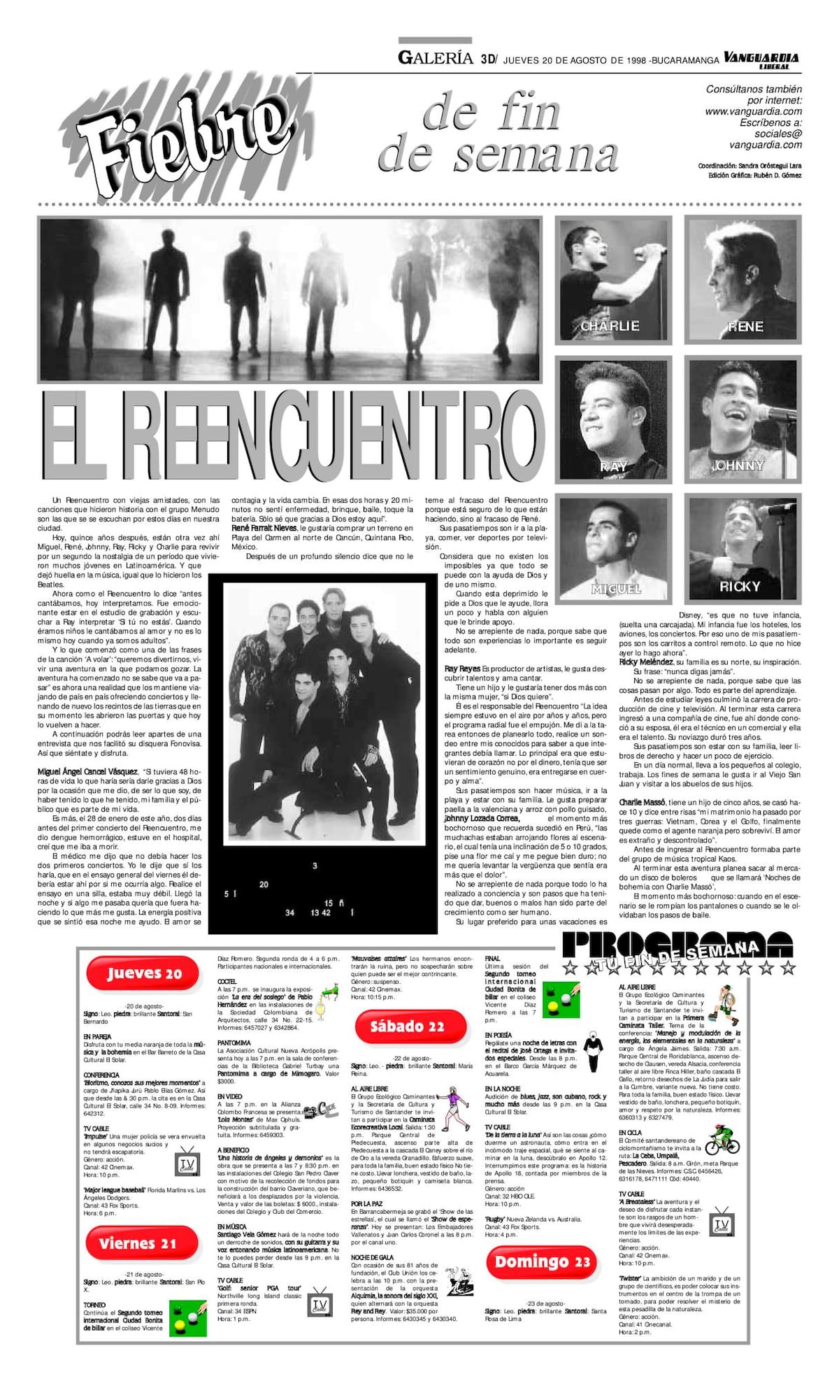 Así registró Vanguardia, el 20 de agosto de 1998, el ‘Reencuentro de Menudo’. Los artistas, quienes en ese entonces ya tenían entre 30 y 35 años de edad, se presentaron en el estadio Alfonso López.