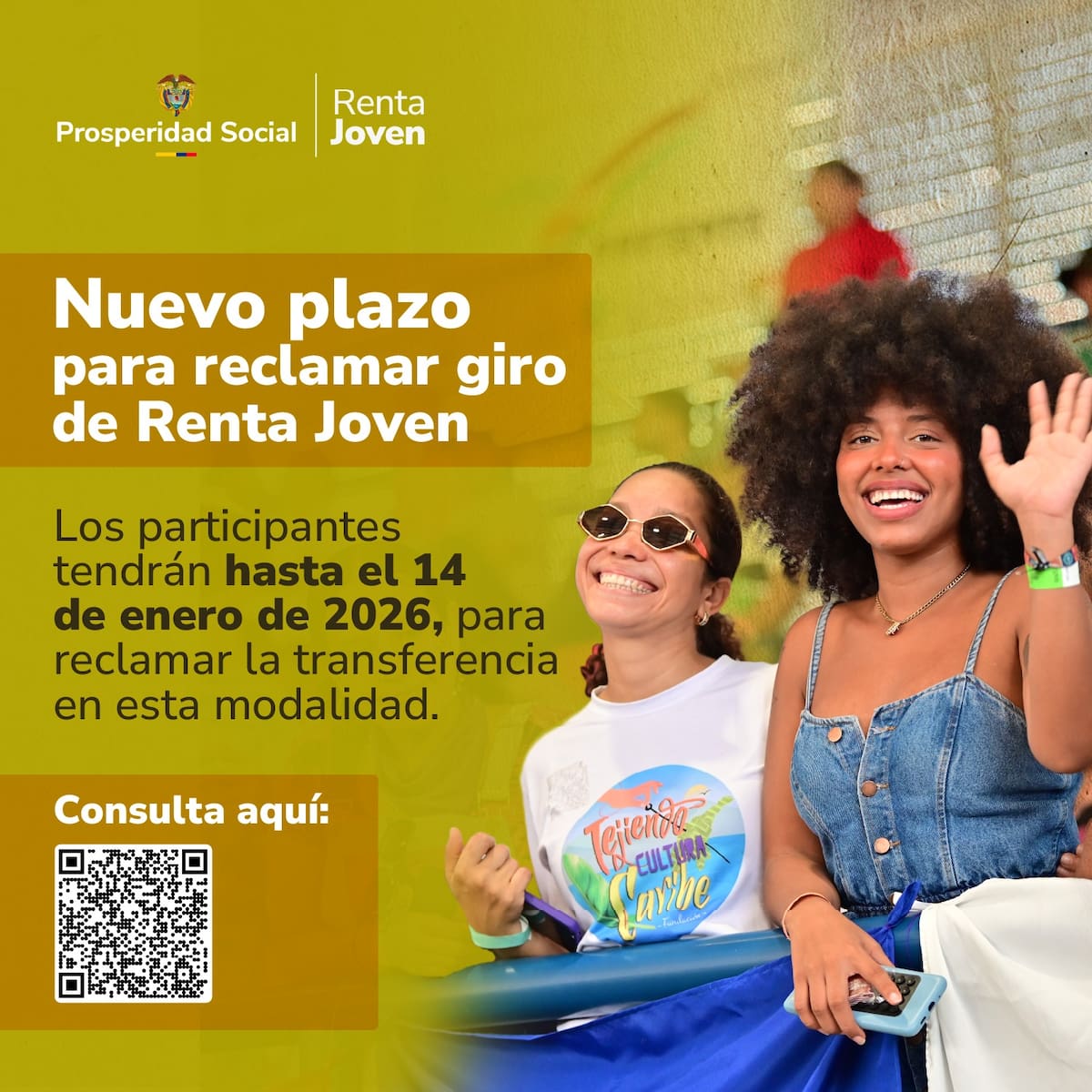 Hasta el 14 de enero de 2026, los jóvenes beneficiarios del programa Renta Joven podrán reclamar la transferencia por modalidad giro. // Foto: Cortesía - Prosperidad Social.