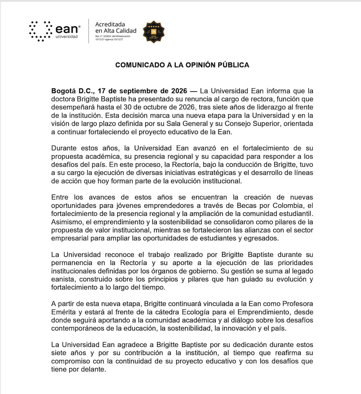Comunicado a la opinión pública - Universidad EAN