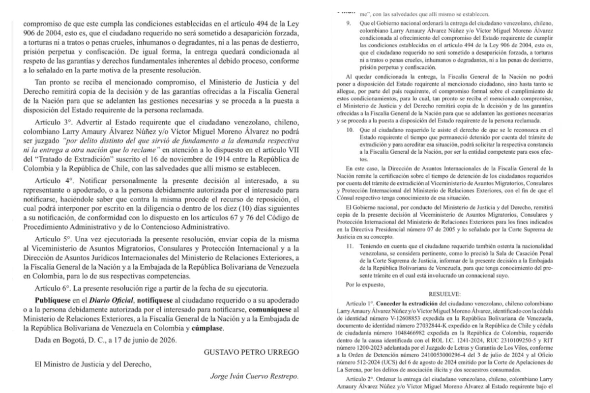 El documento oficial precisa que el presunto cabecilla del Tren de Aragua solo podrá ser procesado en Chile por los delitos que motivaron la solicitud de extradición y bajo garantías de respeto a sus derechos fundamentales. Captura de foto en // X.