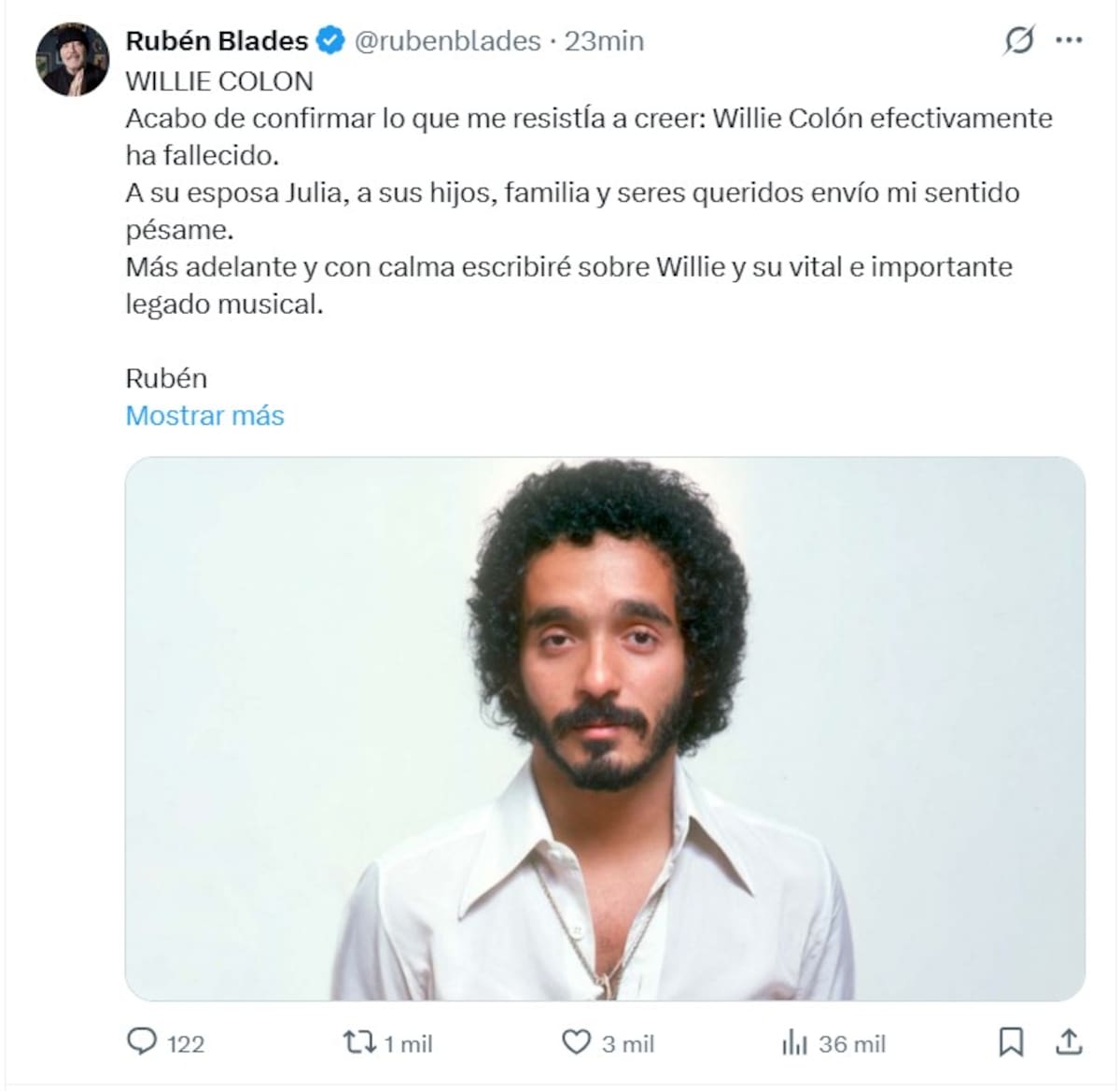 Captura tomada de la cuenta en X @rubenblades del cantante panameño Rubén Blades de una publicación este sábado, tras el fallecimiento del emblemático trombonista, compositor e intérprete Willie Colón. Blades envió el sentido pésame a los familiares de Colón, con quien formó uno de los dúos más exitosos de la historia de ese género y mantenía una vieja enemistad por una disputa económica y judicial. EFE/ @rubenblades /SOLO USO EDITORIAL/ NO VENTAS/ SOLO DISPONIBLE PARA ILUSTRAR LA NOTICIA QUE ACOMPAÑA (CRÉDITO OBLIGATORIO)