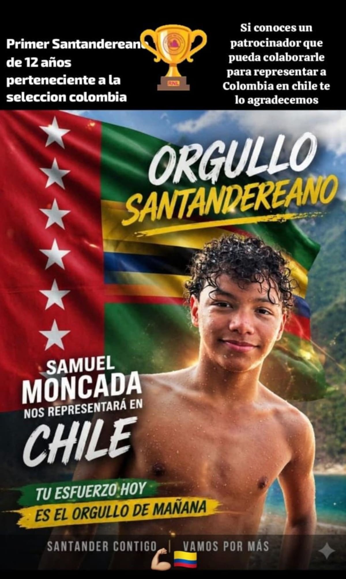 Samuel Moncada, nadador santandereano que representará a Colombia en el Torneo Promesas Olímpicas 2026 en Santiago de Chile. Foto: Suministrada.