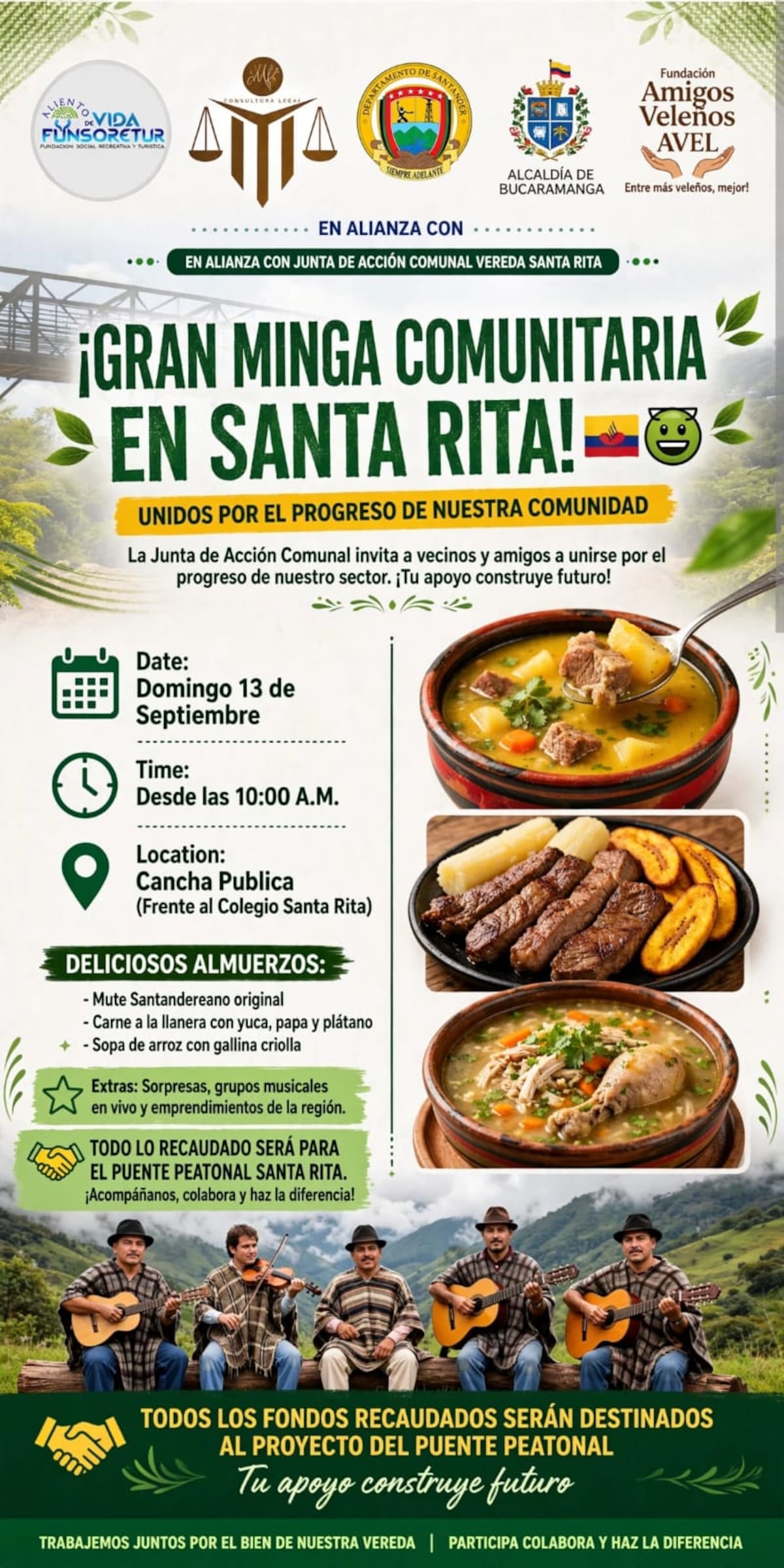 La comunidad de Santa Rita prepara una minga con venta de comida, música y emprendimientos para recaudar fondos destinados al proyecto del nuevo puente. Foto tomada de: Redes.