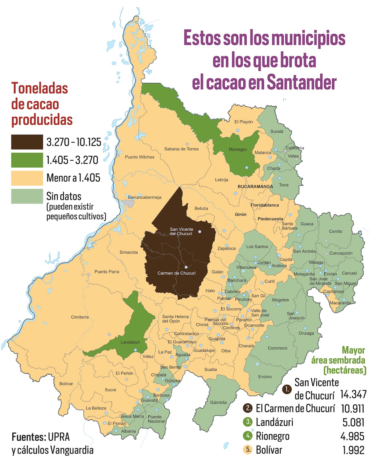 Estos son los municipios con mayor producción de cacao | Fuentes: UPRA, Cálculos Vanguardia | Diseño Mónica Mantilla