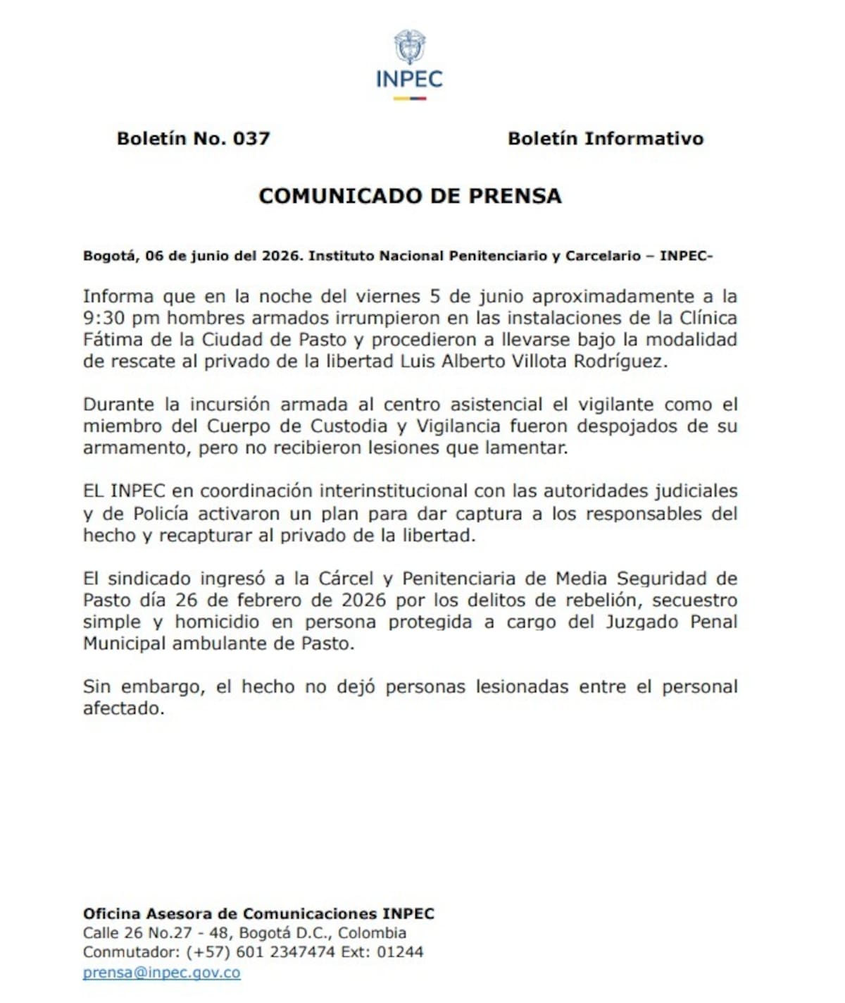 Se fugó Luis Alberto Villota Rodríguez, alias ‘Tito’, cabecilla de Comuneros del Sur y gestor de paz | Comunicado INPEC