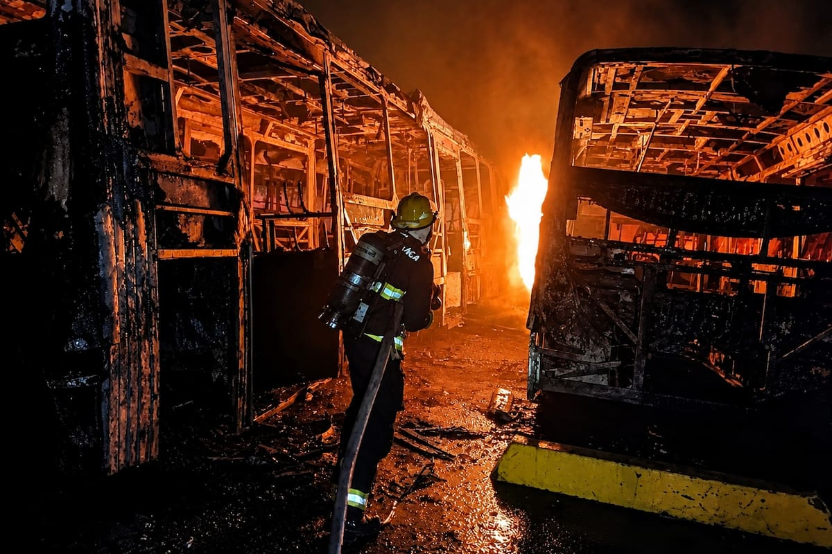 Seis de los siete buses que estaban en el portal de Metrolínea en Girón se incendiaron: esto se sabe de la emergencia