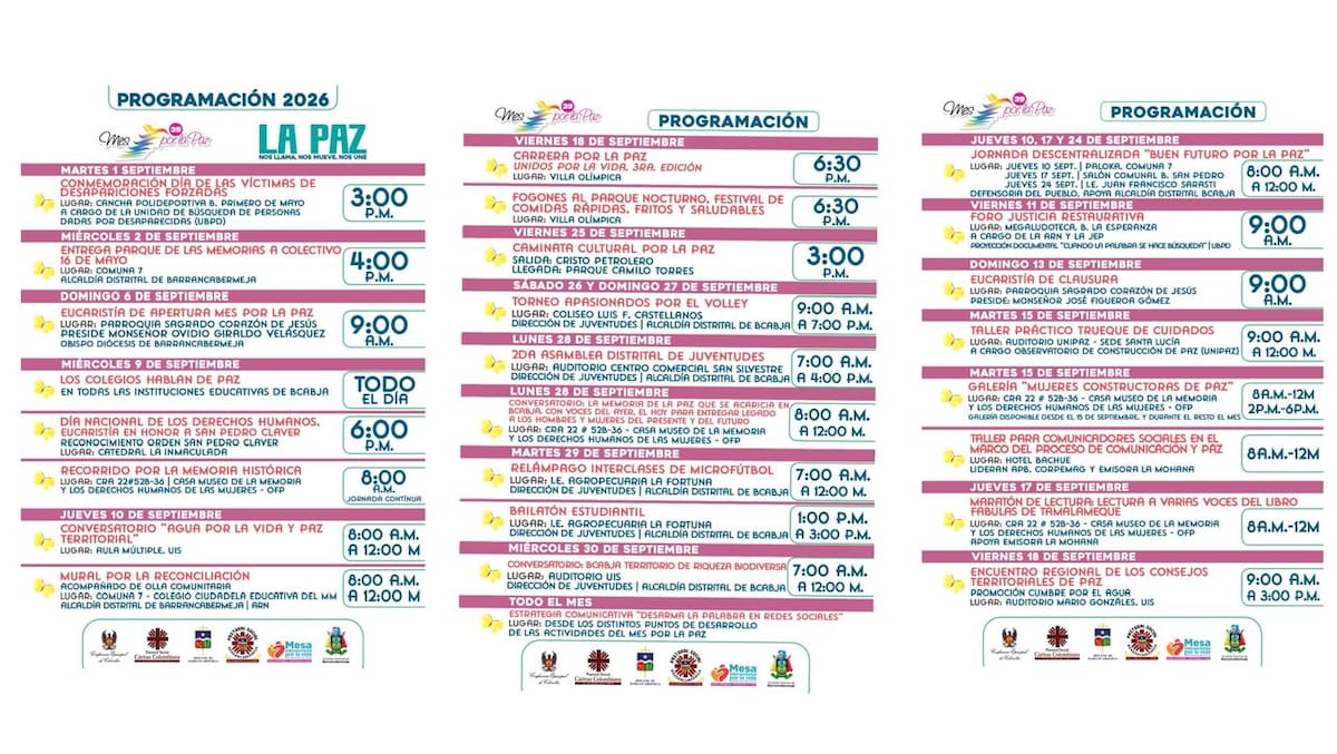**Pie de foto:** La Semana por la Paz reunirá en Barrancabermeja a instituciones, organizaciones sociales, víctimas y comunidades en actividades de memoria, reconciliación, cultura y derechos humanos.
Suministrada/Vanguardia