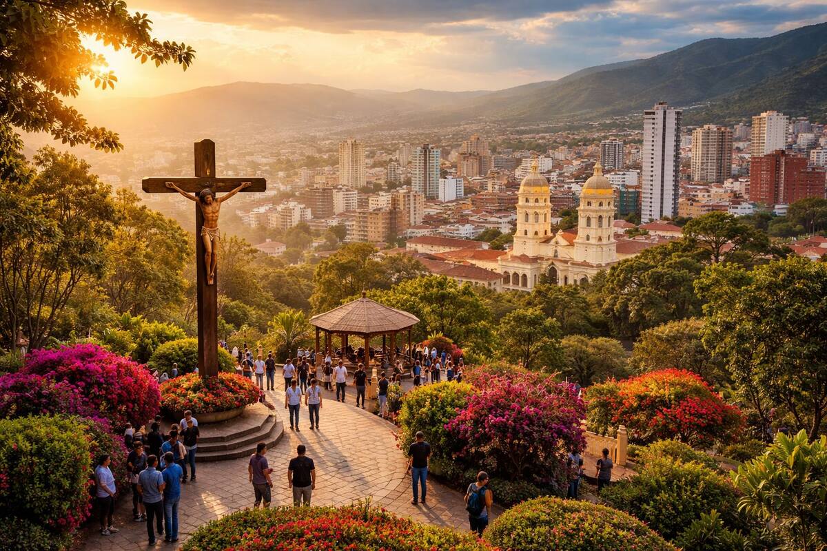 Fieles y visitantes recorren un mirador de Bucaramanga durante la Semana Santa, en una jornada que combina tradición religiosa, turismo y cultura en la capital santandereana.
Foto tomada de: IA