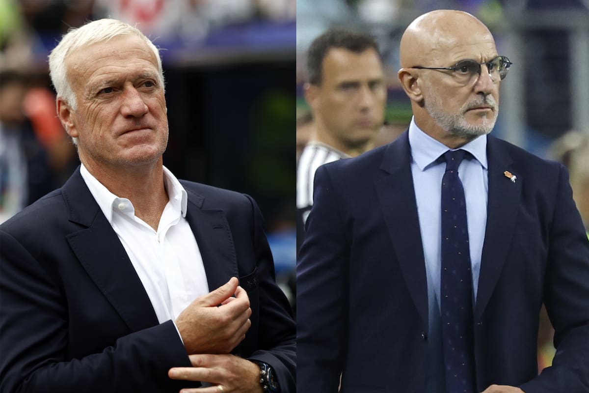 Los seleccionadores Didier Deschamps (i), Luis de la Fuente (2-i), Thomas Tuchel (2-d) y Lionel Scaloni se alistan para unas semifinales que por calidad, cantidad y actualidad se perfilan como extraordinarias en la historia de los mundiales de fútbol. EFE/ Will Oliver/ Mariscal/ José Méndez/