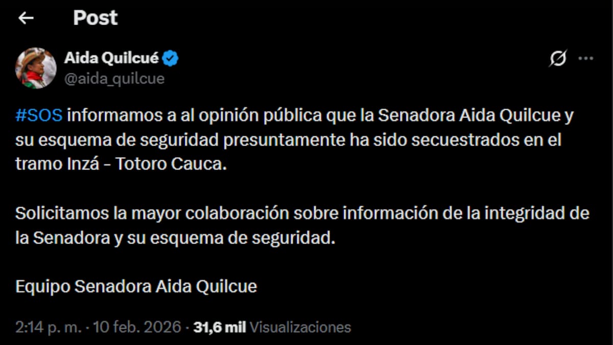 Denuncian secuestro de la senadora Aida Quilcué.