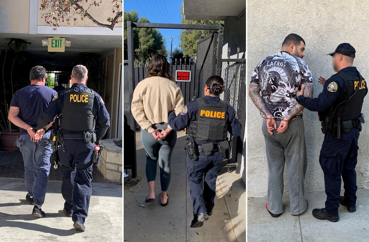 Fotografías cedidas por el Departamento de Seguros de California (CDI), que muestra la captura de tres personas acusadas por fraude, Ararat Chirkinian (i), de 39 años; Ruben Tamrazian (d), de 26 años (ambos vecinos de Glendale); y Alfiya Zuckerman (c), de 39 años, en Valley Village, Los Ángeles (EE.UU). Tres personas fueron condenadas a pasar 180 días en la cárcel y pagar cada una miles de dólares de restitución, tras no disputar las acusaciones de fraude por usar un disfraz de oso y simular ataques contra varios automóviles de alta gama en California. EFE/ CDI /SOLO USO EDITORIAL/ NO VENTAS/ SOLO DISPONIBLE PARA ILUSTRAR LA NOTICIA QUE ACOMPAÑA (CRÉDITO OBLIGATORIO)