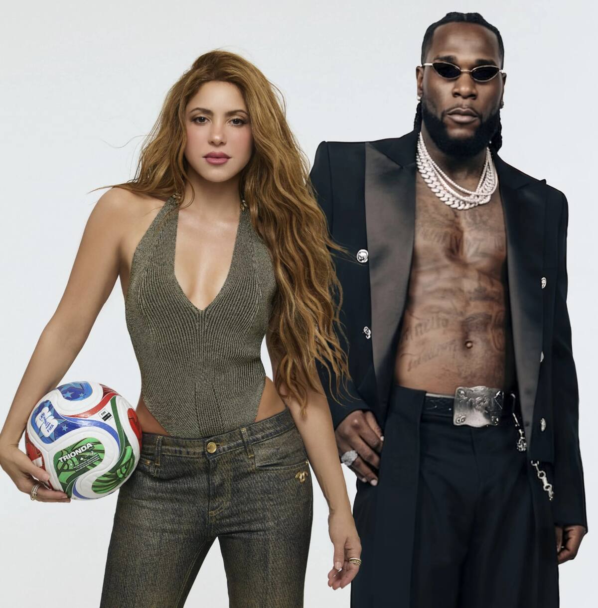 Fotografía cedida por Sony Music donde aparece la cantante colombiana Shakira (i) y el nigeriano Burna Boy, intérpretes de 'Dai Dai', la canción oficial del Mundial 2026. EFE/Nico G/Sony Music /SOLO USO EDITORIAL /NO VENTAS /SOLO DISPONIBLE PARA ILUSTRAR LA NOTICIA QUE ACOMPAÑA /CRÉDITO OBLIGATORIO