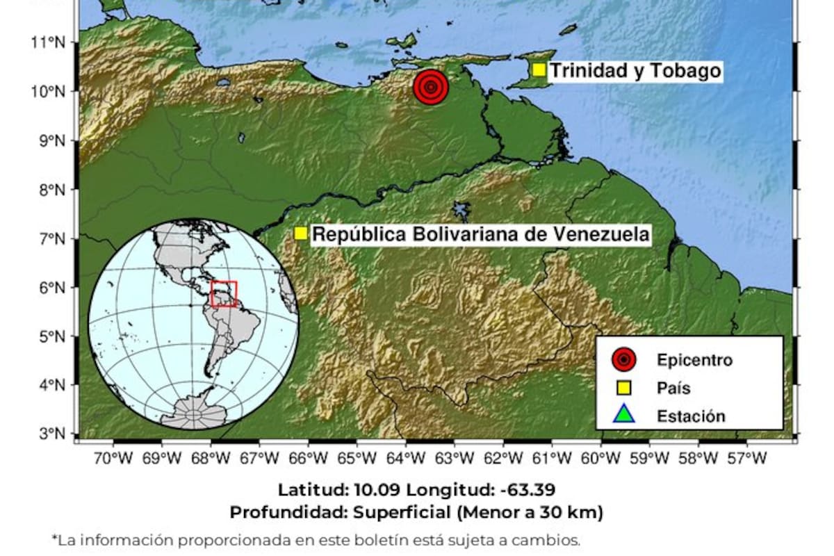 Magnitud 5,3, profundidad menor a 30 kilómetros y localización en las coordenadas 10,09° y -63,39°.