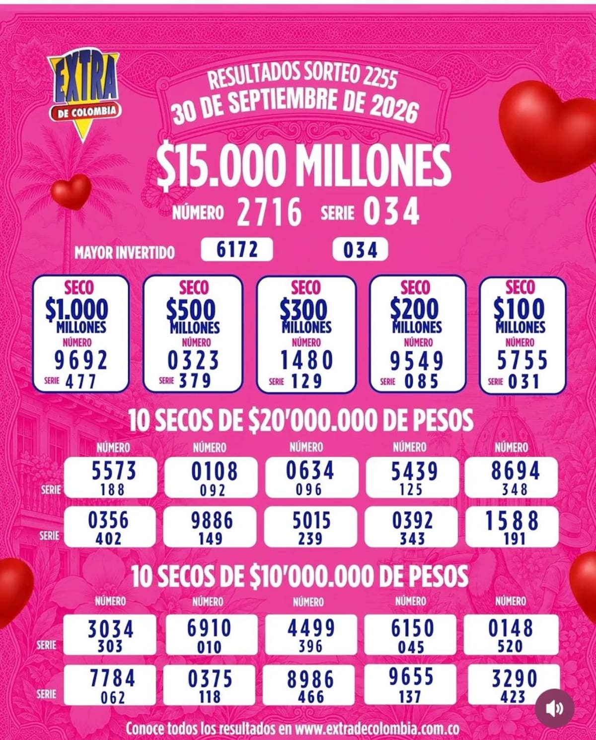 Sorteo Extra de Colombia: miércoles 30 de septiembre de 2026.