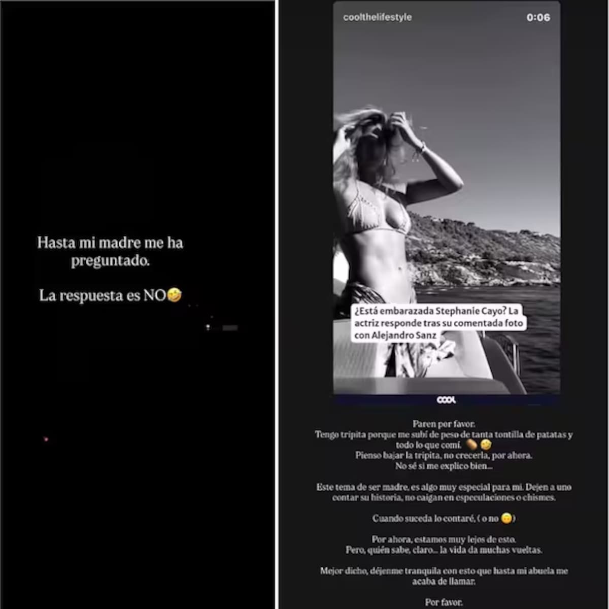 Con estas dos publicaciones en historias de Instagram la actriz desmintió un embarazo. Foto: Redes Sociales