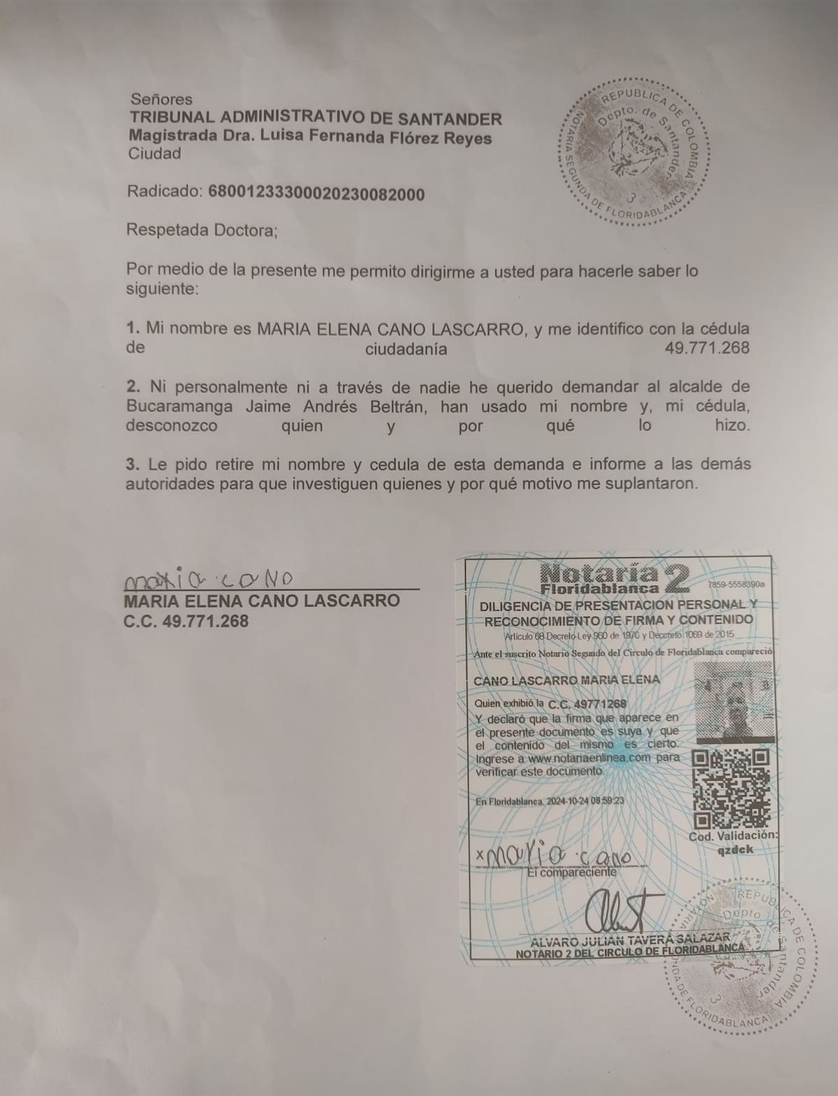 Este es el documento que María Elena Cano Lascarro autenticó en la Notaría Segunda de Floridablanca.