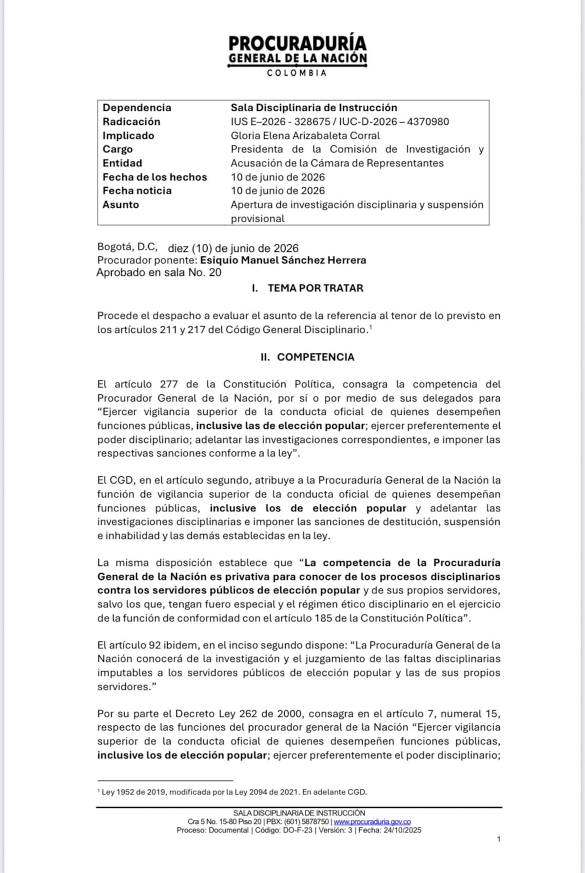 La Procuraduría suspendió provisionalmente y abrió investigación a Gloria Arizabaleta.