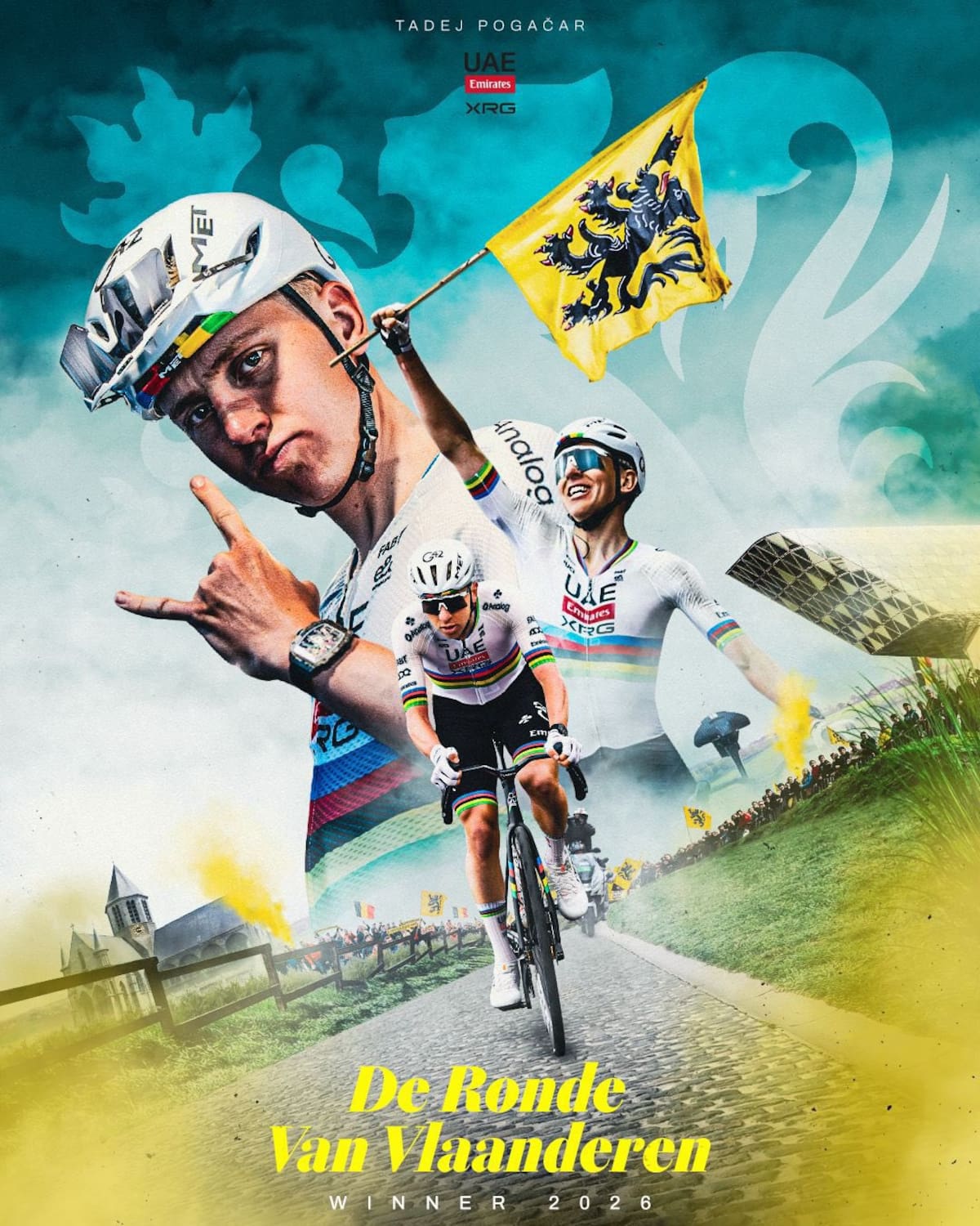 Tadej Pogacar arrasa en el Tour de Flandes 2026: ataque brutal, triplete histórico y dominio total en los Monumentos. Foto: UAE