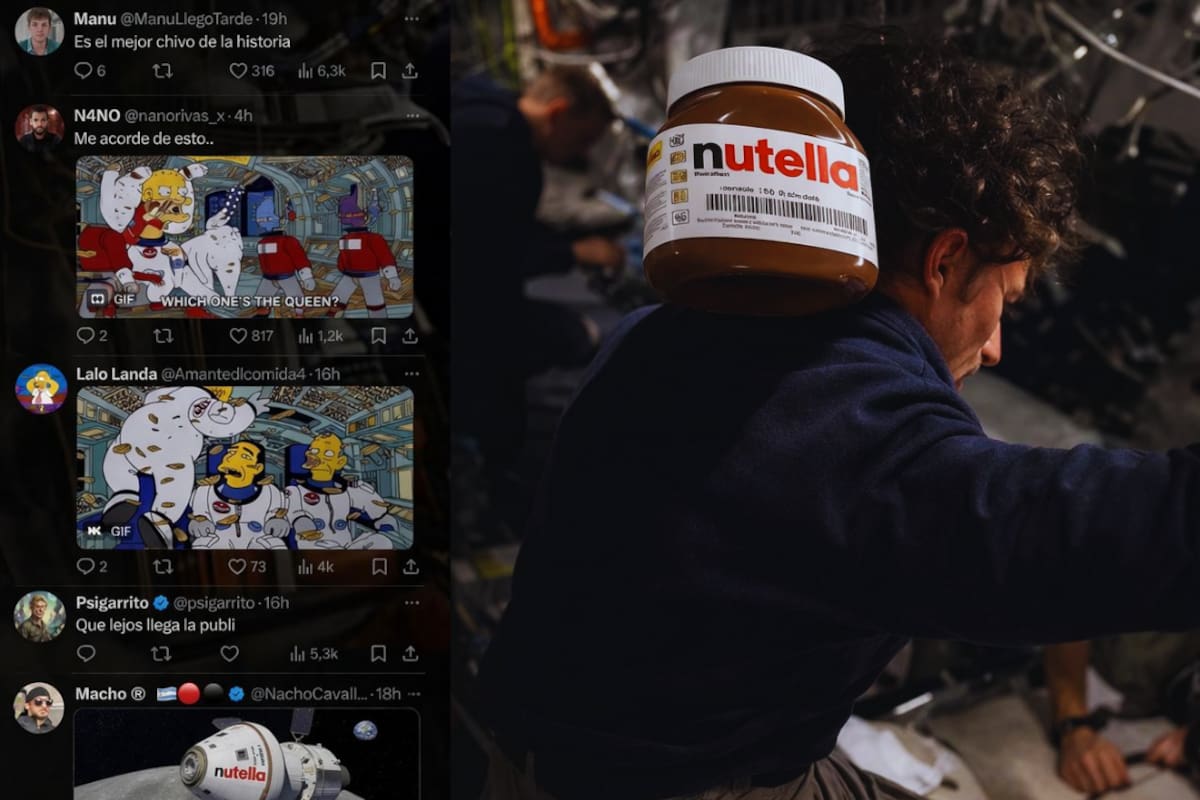 Un tarro de Nutella flota dentro de la nave Orion durante Artemis II, mostrando cómo la microgravedad afecta objetos cotidianos. Este momento viral recordó el lado humano de la exploración espacial. Image tomada de: Videos de X / Ilustración propia.
