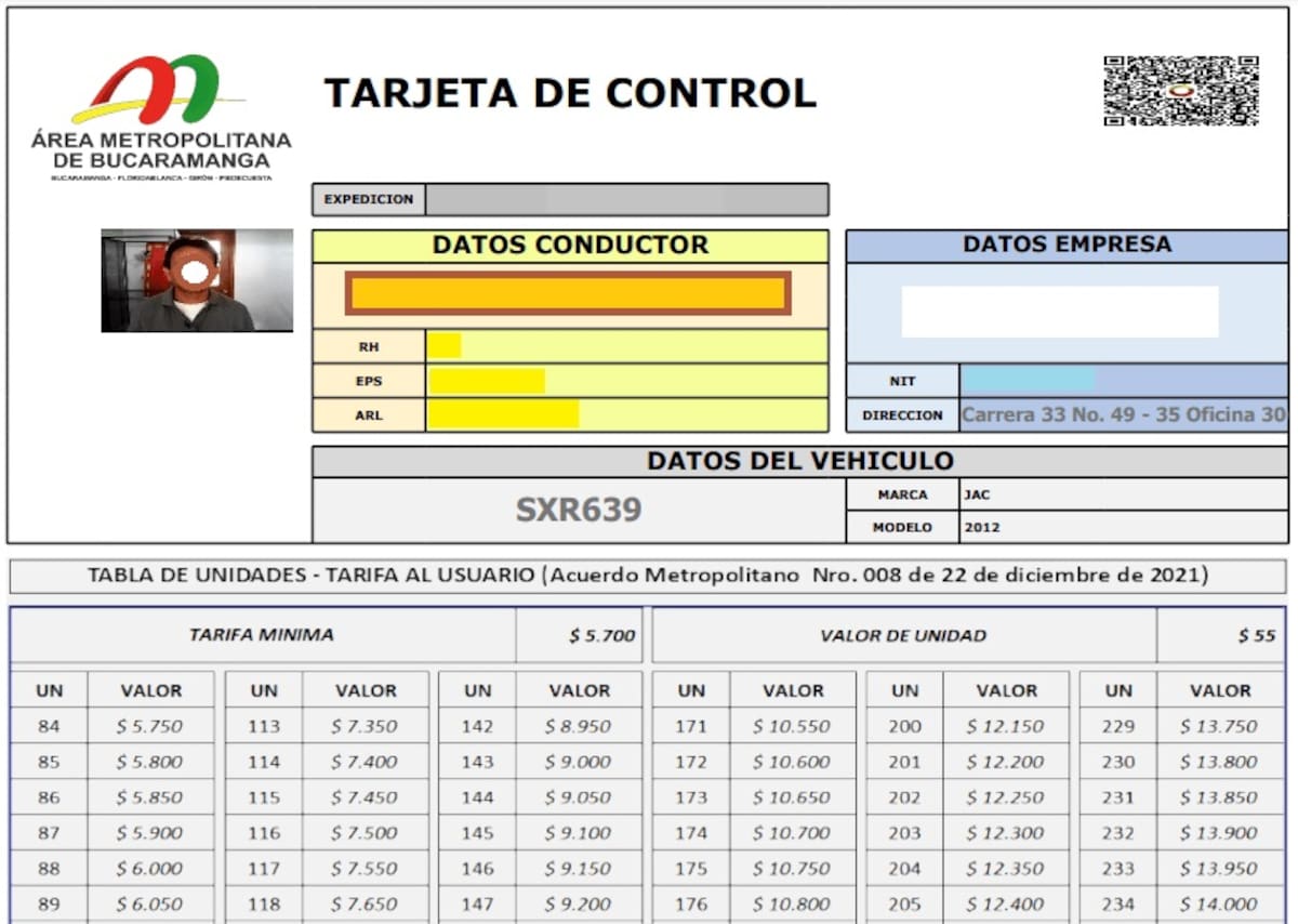 No olvide revisar la tarjeta de operación del taxi que toma en el área metropolitana de Bucaramanga.