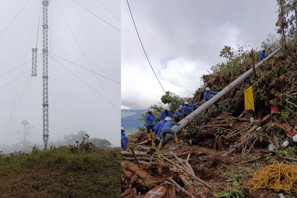 Técnicos de ESSA trabajan en la instalación de estructuras de emergencia tras el colapso de torres eléctricas en la línea Barbosa–Cimitarra.