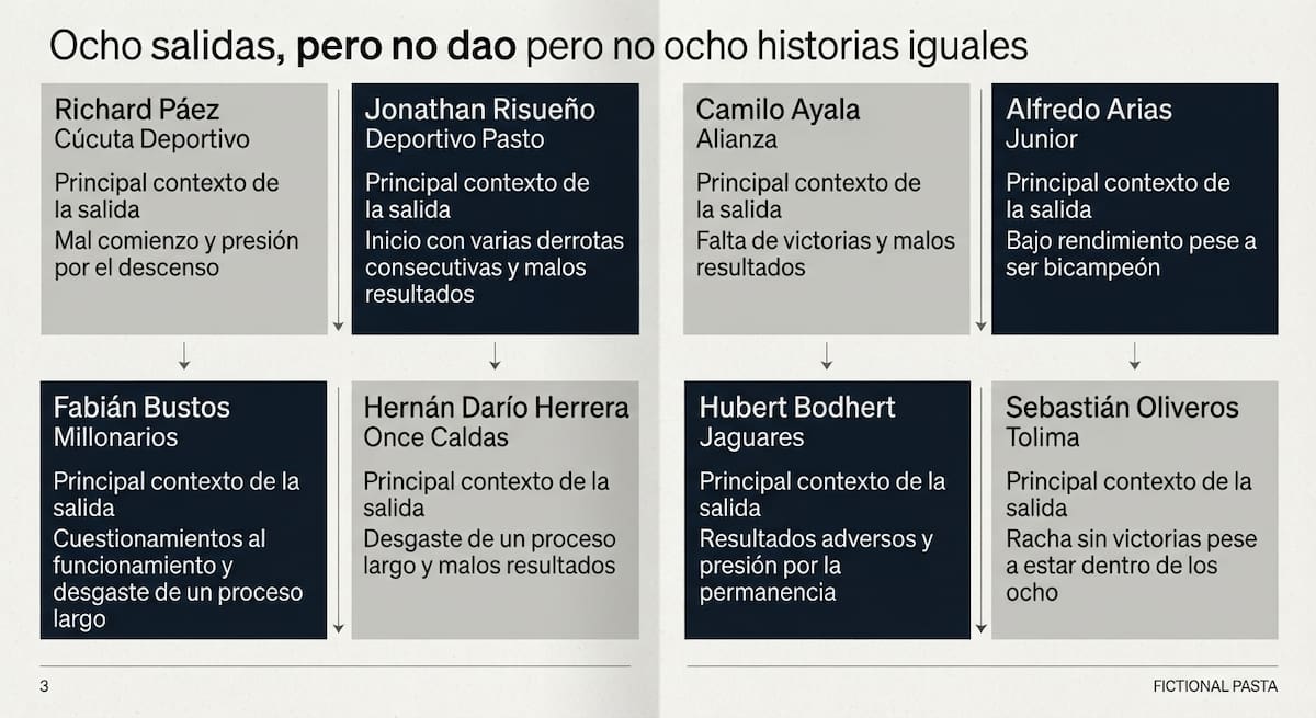 Estos son los 12 técnicos despedidos en el semestre, en doce fechas del la Liga BetPlay. /FOTO: IA