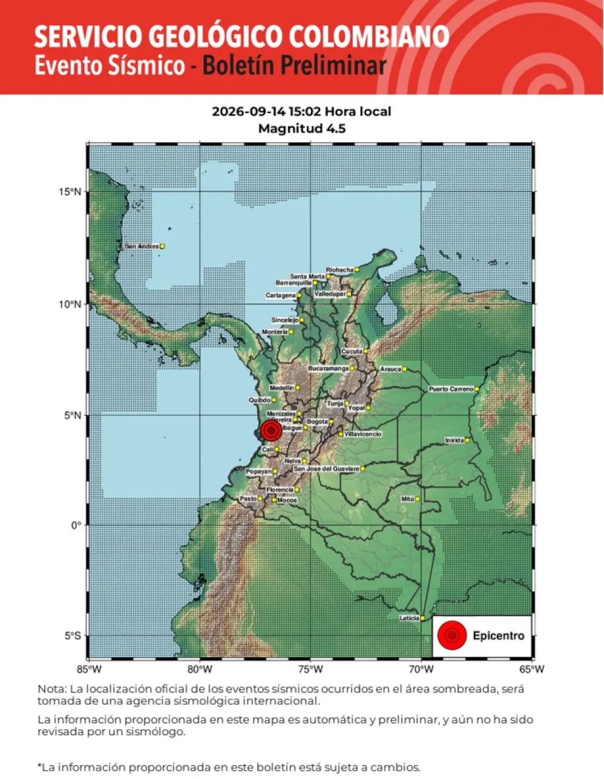 Un temblor de magnitud 4,5 fue registrado este lunes en el centro-occidente de Colombia. El SGC reportó el evento a las 3:02 p. m. y aclaró que los datos son preliminares.