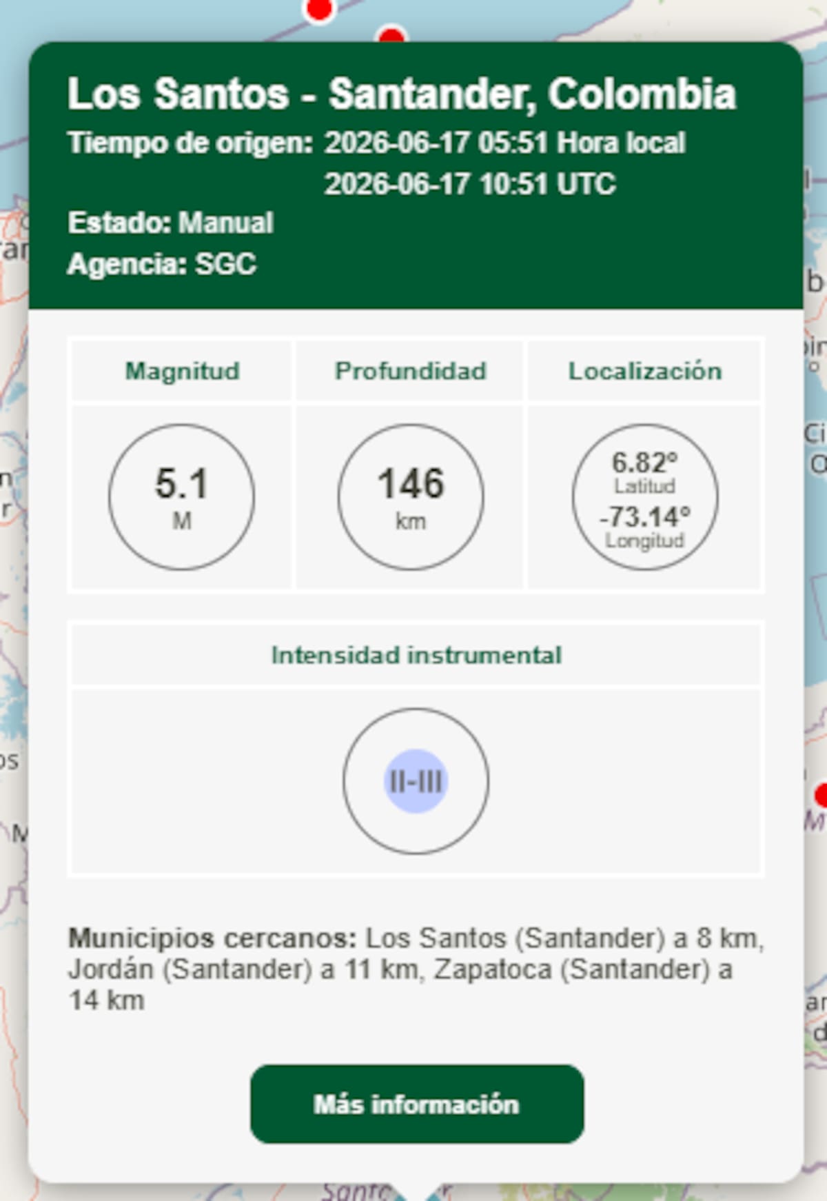 Movimiento registrado en Santander tuvo amplia percepción por su profundidad. Autoridades descartan afectaciones y siguen monitoreo. | Foto: Tomada de Servicio Geológico Colombiano.