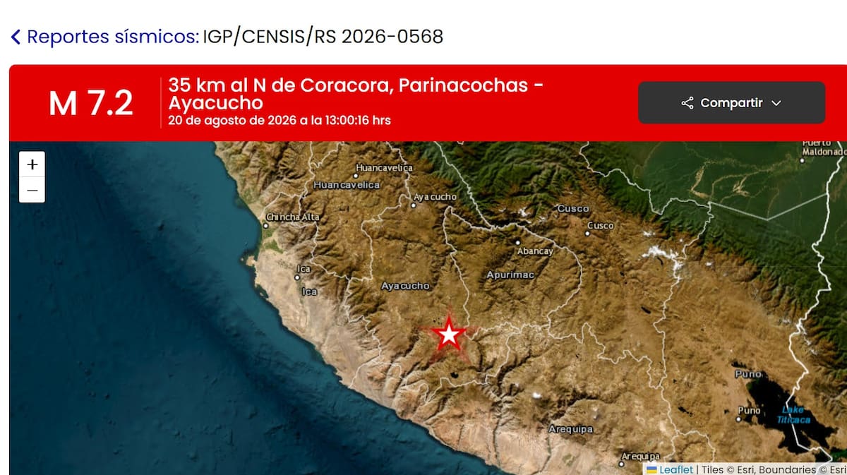 AME828. LIMA (PERÚ), 20/08/2026.- Captura de pantalla tomada de la pagina oficial del Instituto Geofísico del Perú que muestra el lugar del epicentro del terremoto de magnitud 7,2 ocurrido este jueves en la región andina de Ayacucho, en el sur de Perú. EFE/ Instituto Geofísico del Perú /SOLO USO EDITORIAL/NO VENTAS/SOLO DISPONIBLE PARA ILUSTRAR LA NOTICIA QUE ACOMPAÑA (CRÉDITO OBLIGATORIO)