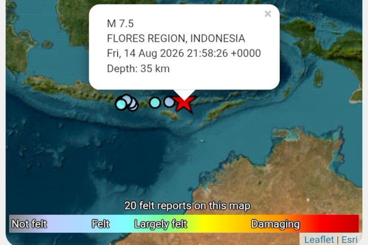 Se registra un terremoto en Indonesia, cerca de Flores, este viernes 14 de agosto de 2026.