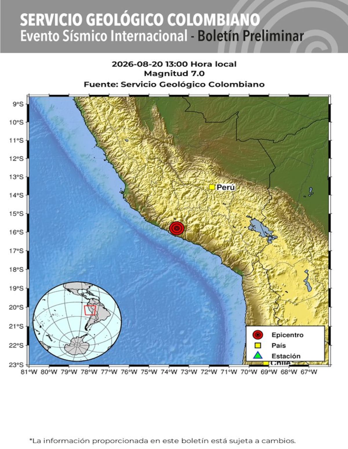 El reporte inicial señala como localidades de referencia a Contamana, en Perú, a unos 955 kilómetros, y a Río Branco y Guajará, en Brasil, a aproximadamente 894 y 923 kilómetros.