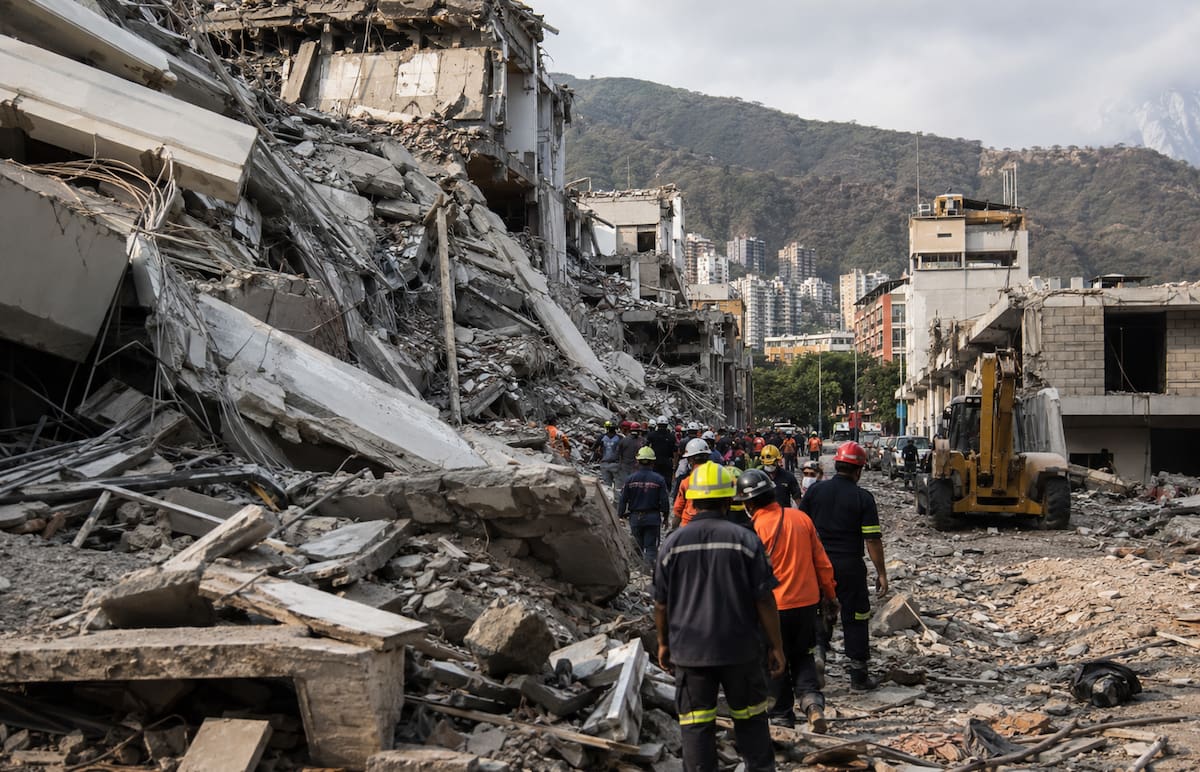 Equipos de rescate avanzan entre los escombros de edificios colapsados mientras continúan las labores de búsqueda y atención a los afectados tras los fuertes sismos registrados en Venezuela. Foto ilustrada Canva // IA.