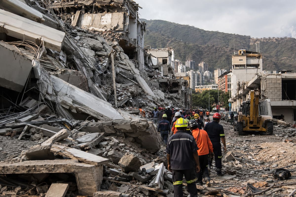 Equipos de rescate avanzan entre los escombros de edificios colapsados mientras continúan las labores de búsqueda y atención a los afectados tras los fuertes sismos registrados en Venezuela. Foto ilustrada Canva // IA.