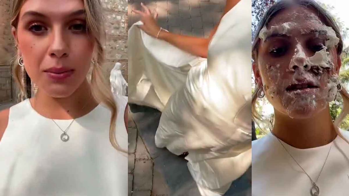 Le lanzaron pastel por ir de blanco a la boda de su ex: video es viral.