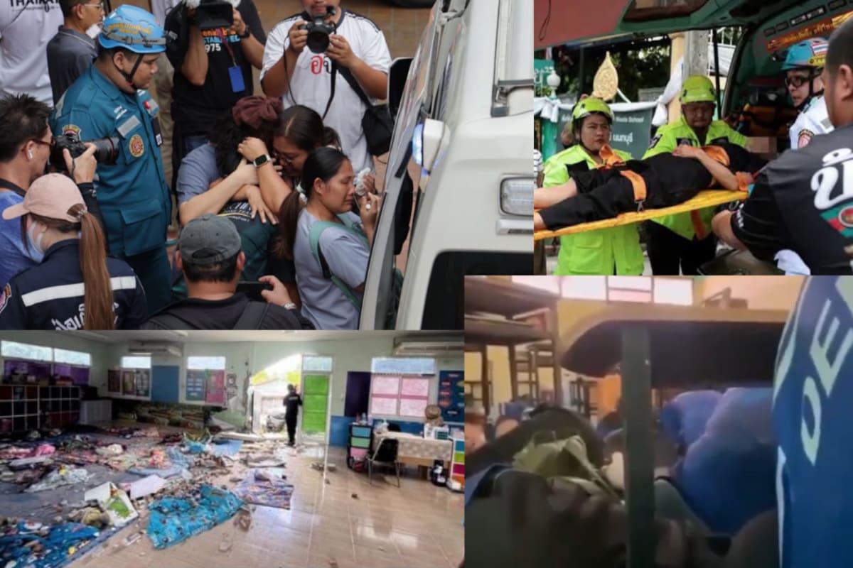 Equipos de emergencia y autoridades atendieron la emergencia en el colegio de Tailandia, donde un ataque dejó varios muertos y decenas de heridos. Foto recreada / Vanguardia // Fotos de: X.