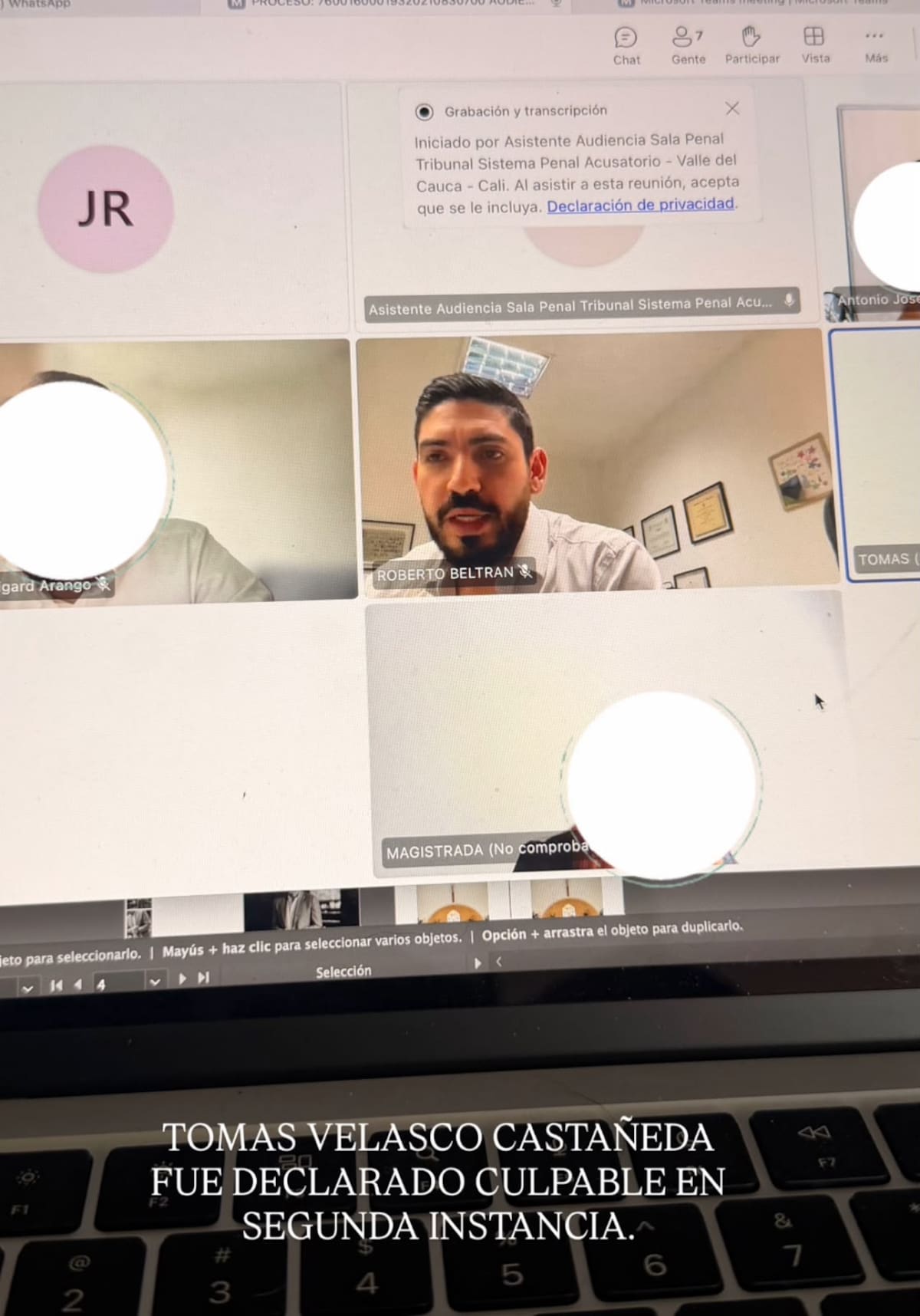 Captura de Imagen de la audiencia en la que el Tribunal Superior de Cali confirmó la condena de 16 años de prisión contra Tomás Velasco Castañeda. Tomada de: Ig // Jhoanarojasr.