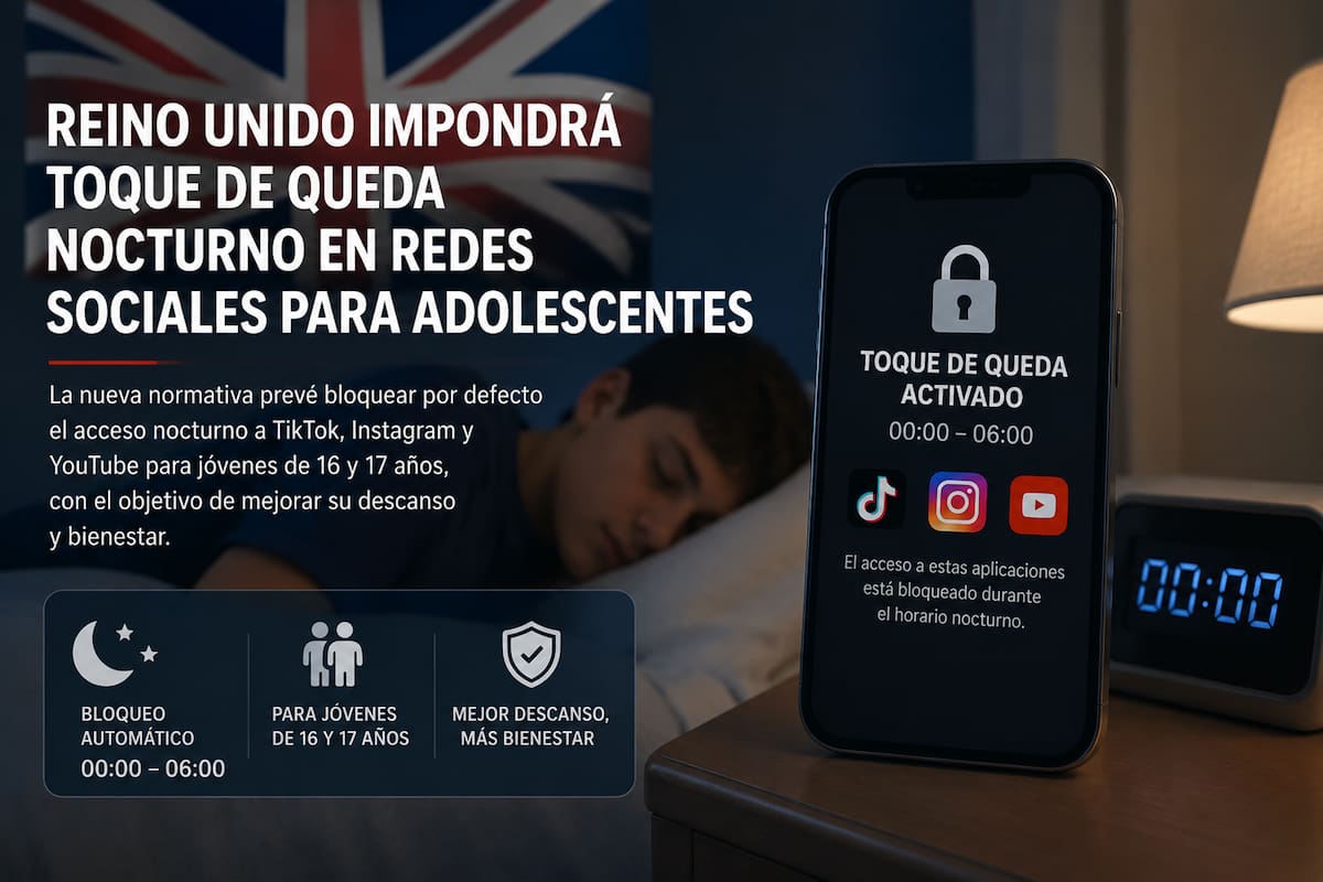 Los jóvenes de 16 y 17 años en el Reino Unido tendrán activado por defecto un toque de queda nocturno para redes sociales así como deshabilitadas sus funciones más adictivas, como la reproducción automática de vídeos, según un plan presentado este miércoles por el Gobierno británico. Imagen creada con IA