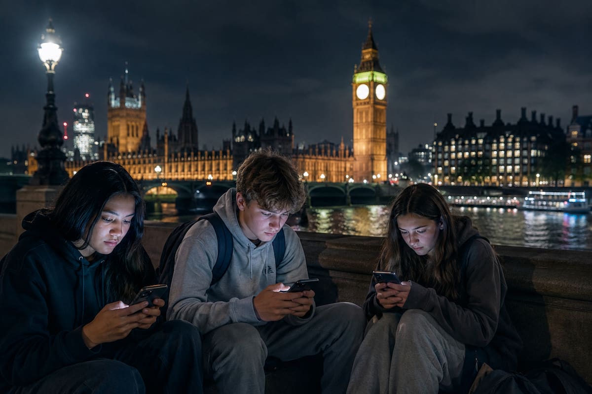 Los jóvenes de 16 y 17 años en el Reino Unido tendrán activado por defecto un toque de queda nocturno para redes sociales así como deshabilitadas sus funciones más adictivas, como la reproducción automática de vídeos, según un plan presentado este miércoles por el Gobierno británico. Imagen creada con IA