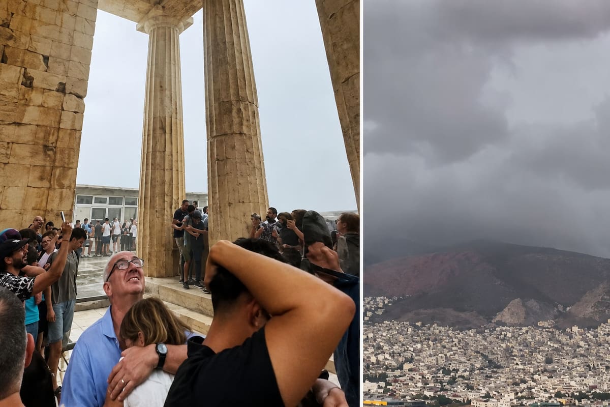 Los turistas son sorprendidos por una tormenta de verano al visitar la mundialmente famosa Acrópolis. La tormenta atrapa a los turistas durante un tiempo.