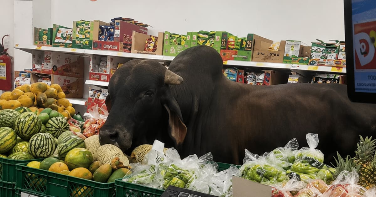 Clientes quedaron sorprendidos al ver a un toro caminar por un almacén D1, comer una papaya y retirarse sin generar daños ni ataques.