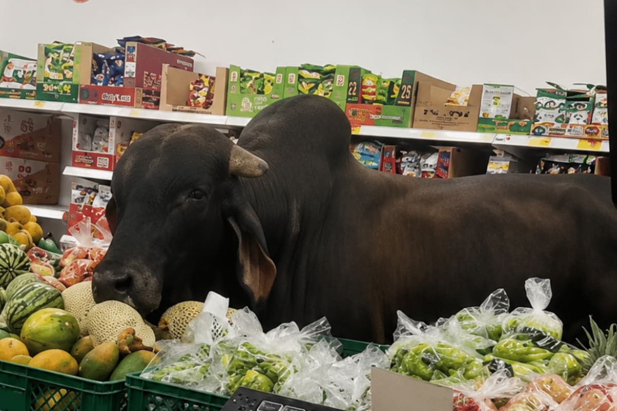 Clientes quedaron sorprendidos al ver a un toro caminar por un almacén D1, comer una papaya y retirarse sin generar daños ni ataques.