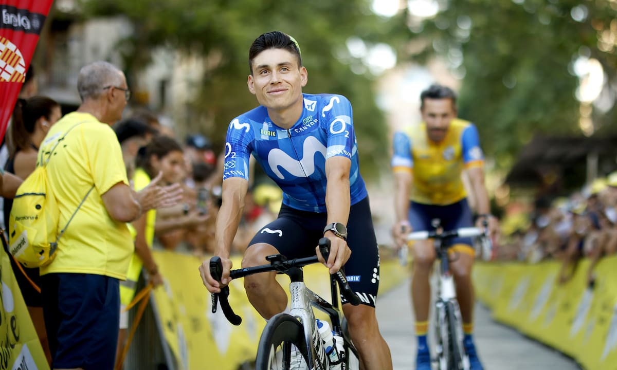 Barcelona (Spain), 02/07/2026.- Colombian cyclist Einer Rubio of Movistar Team and teammates roll towards the teams' presentation of the Tour de France 2026 in front of the Basilica of the Sagrada Familia in Barcelona, Spain, 02 July 2026. The 113th edition of the race is scheduled to take place from 04 to 26 July 2026. (Ciclismo, Francia, España) EFE/EPA/YOAN VALAT