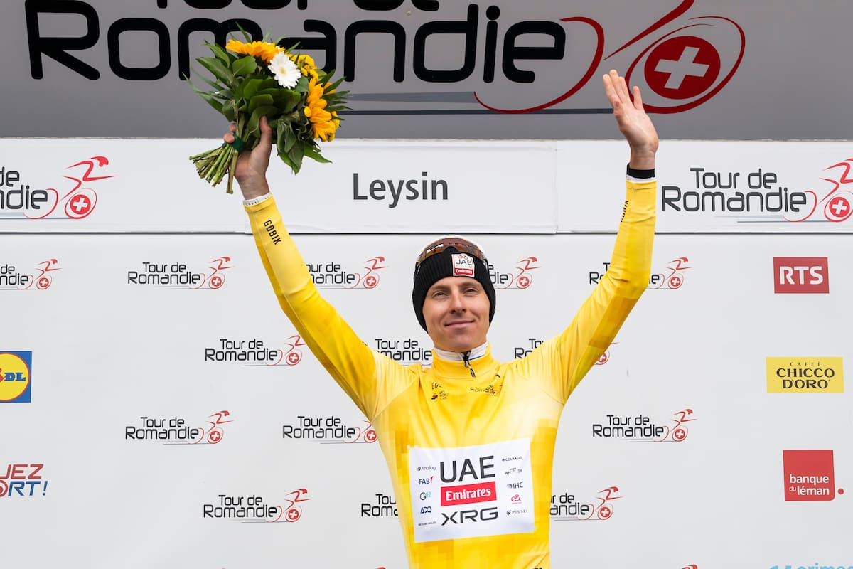 LEYSIN (Switzerland), 03/05/2026.- The winner of the Tour de Romandie 2026 Tadej Pogacar from Slovenia of UAE Team Emirates XRG celebrates on the podium during during the fifth and last stage, a 178,2 km race between Lucens and Leysin at the 79th Tour de Romandie UCI World Tour Cycling race, in Leysin, Switzerland, 03 May 2026. (Ciclismo, Eslovenia, Suiza) EFE/EPA/JEAN-CHRISTOPHE BOTT