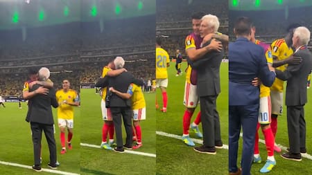 El abrazo de James, Juanfer y Pékerman tras el triunfo que hizo viajar a los hinchas a Brasil 2014