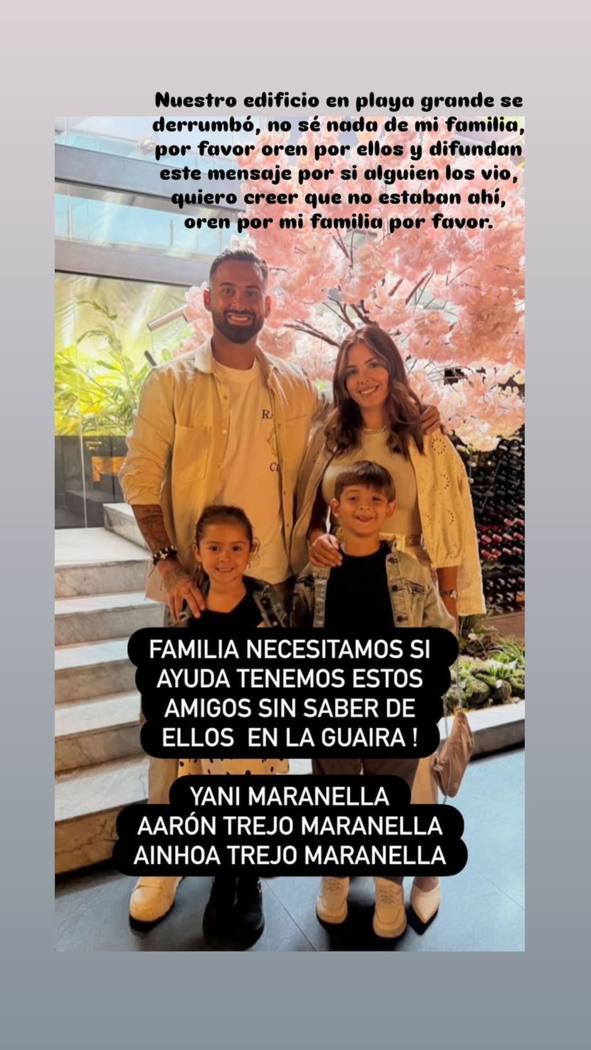 El mensaje que publicó Lucas Trejo en Instagram para pedir ayuda en la búsqueda de su familia tras el terremoto en Venezuela. Foto: tomada de redes sociales.