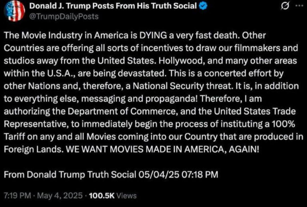 Trump anuncia aranceles del 100% a las películas producidas en el extranjero. Foto: Redes Sociales