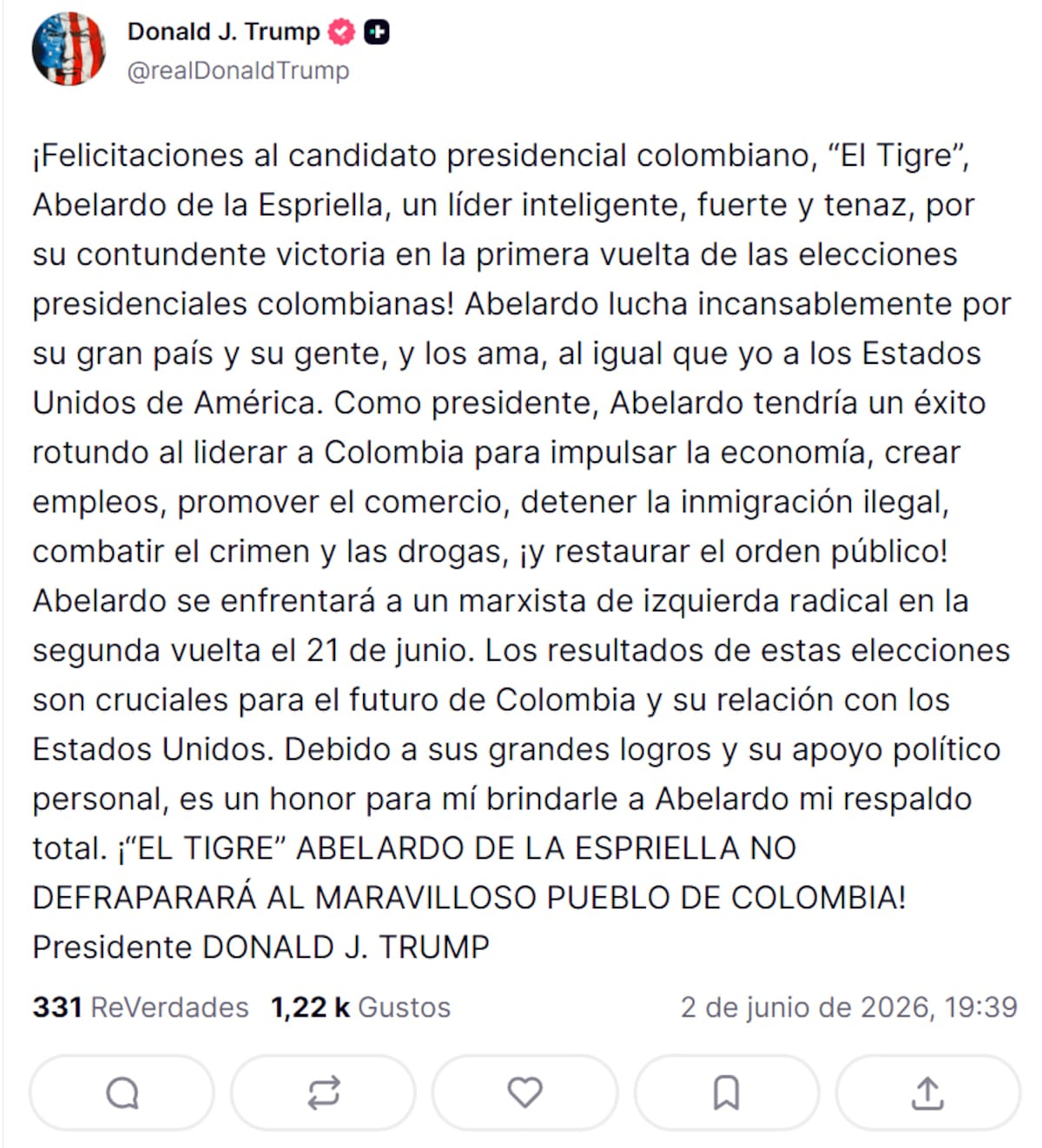 Donald Trump felicitó este martes al candidato presidencial de ultraderecha de Colombia, Abelardo de la Espriella, por su victoria en la primera vuelta de las elecciones.
